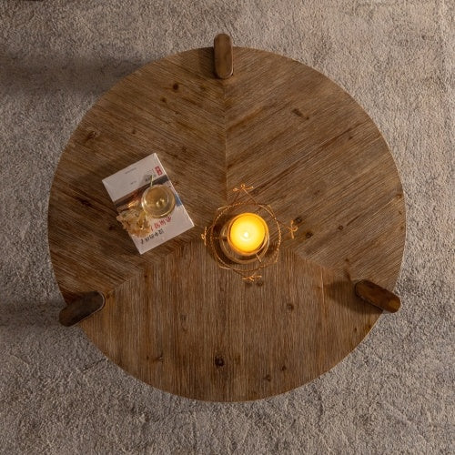 Rustic Round Wooden Coffee Table – Solid Wood Minimalist Design for Living Room, Apartment & Office, Easy Assembly