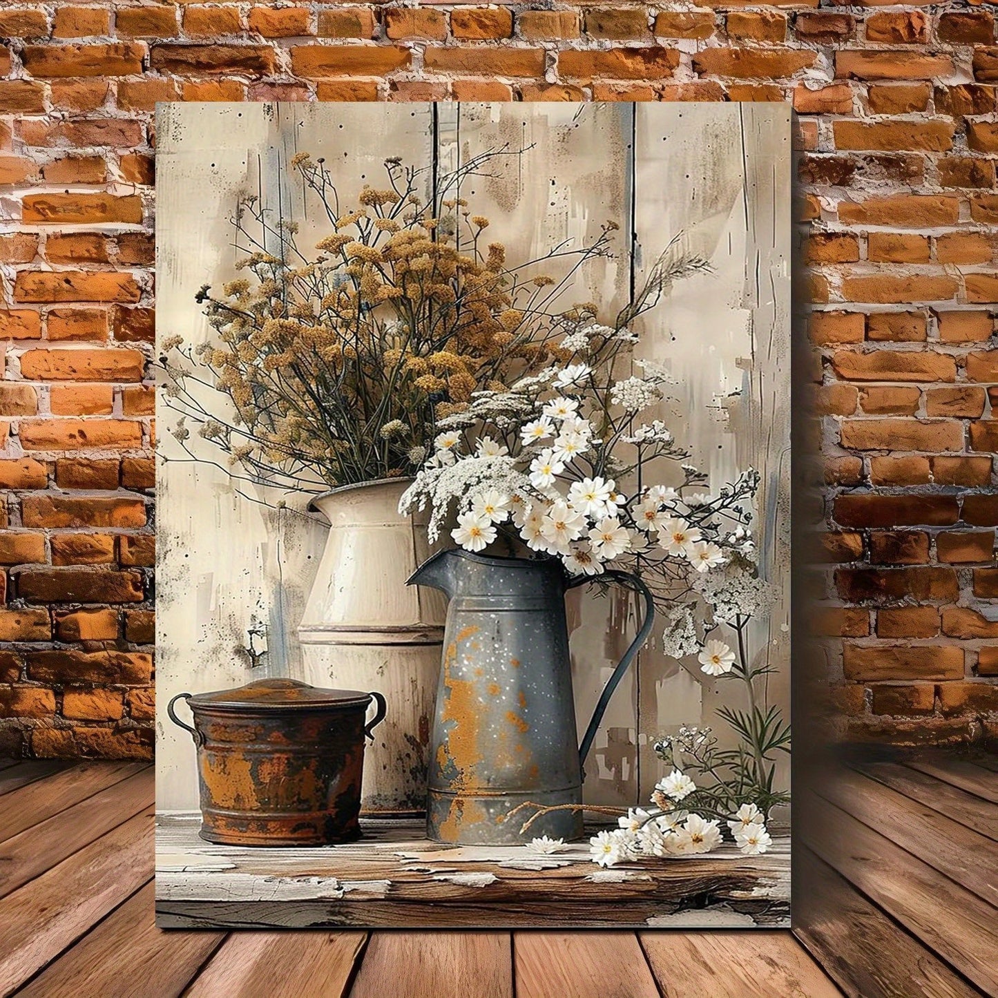 ArtiWood Framed Wooden Canvas Art – White Jasmine Flowers & Rustic Watering Can, Living Room or Bedroom Decor - Tavira Store | A Luxario Labs Ltd Brand.