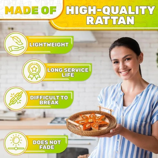 Burius Rattan Tray 8.7 Inch – Round Woven Serving Basket with Handles for Bread, Fruit, Coffee Table & Home Decor - Tavira Store | A Luxario Labs Ltd Brand.