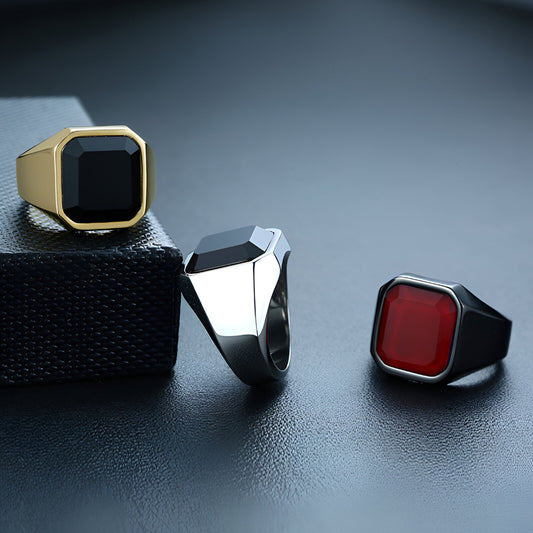 Meiwei Stainless Steel Black Agate Ring – Unisex Geometric Korean Style - Tavira Store | A Luxario Labs Ltd Brand.