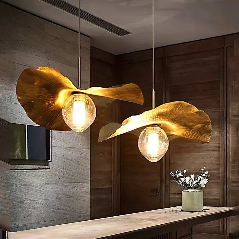 Pure Copper Lotus Leaf Chandelier – Hand-Forged Modern Minimalist Pendant Light for Living Room, Dining Room & Study