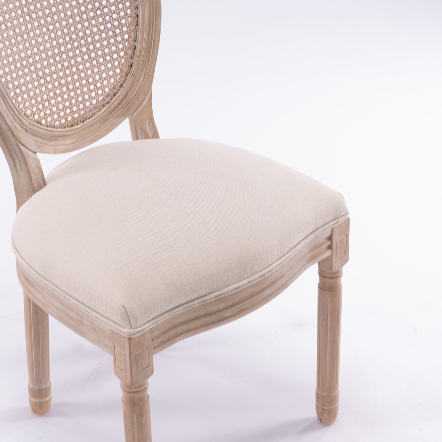 MaisonLuxe French Style Solid Wood Dining Chairs – Set of 2, Cream Linen & Rattan Back
