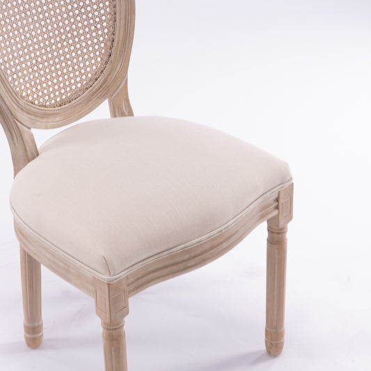 MaisonLuxe French Style Solid Wood Dining Chairs – Set of 2, Cream Linen & Rattan Back.
