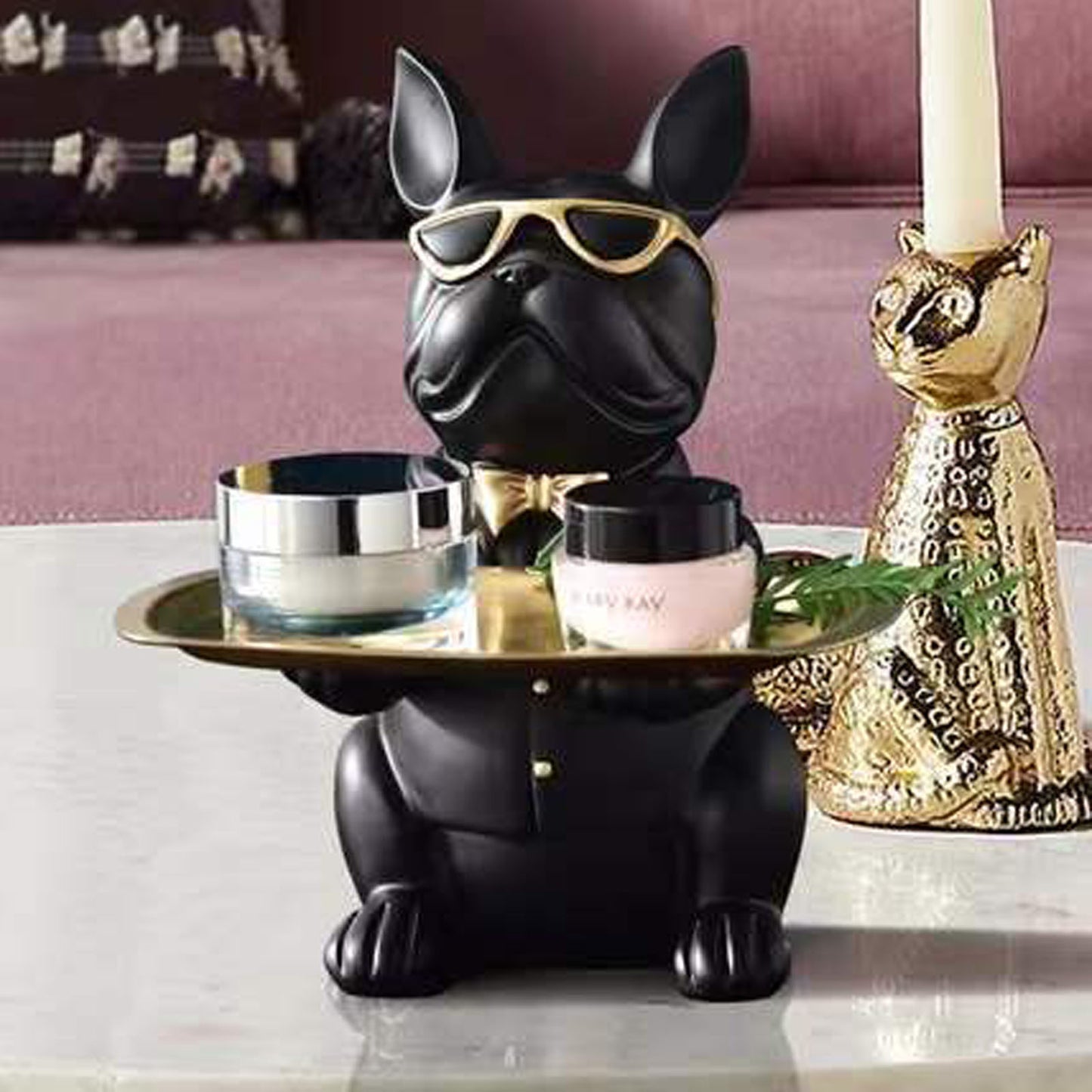 French Bulldog Statue with Tray – Cute Dog Sculpture, Home Decoration & Coin Bank, Black or Brown