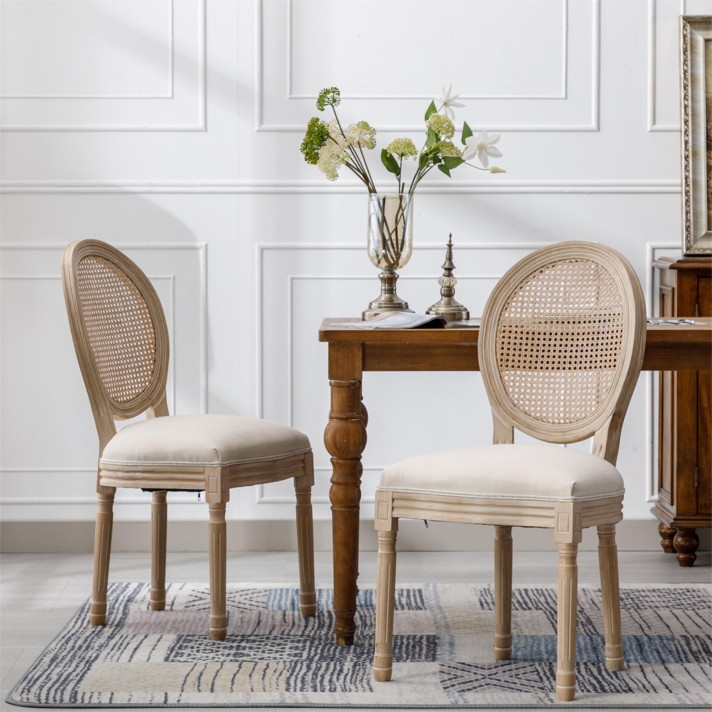 MaisonLuxe French Style Solid Wood Dining Chairs – Set of 2, Cream Linen & Rattan Back