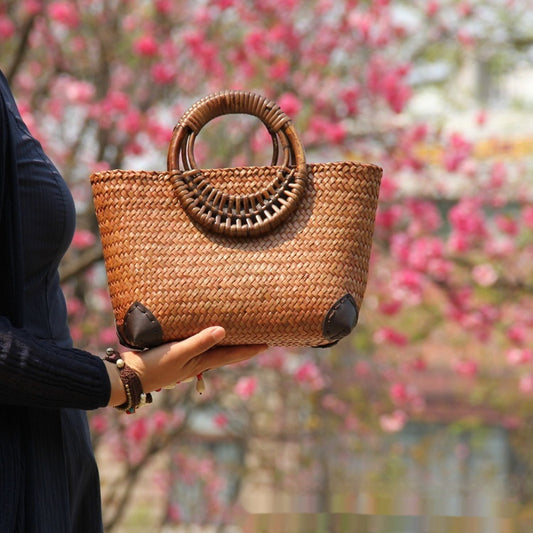 Solterra Mini Retro Holiday Women’s Bag – Woven Straw Ethnic Style Handbag - Tavira Store | A Luxario Labs Ltd Brand.