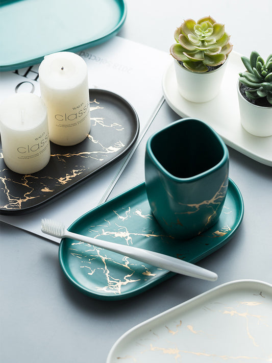 Aurelia Gold Leaf Patterned Oval Marble Tray - Tavira Store | A Luxario Labs Ltd Brand.