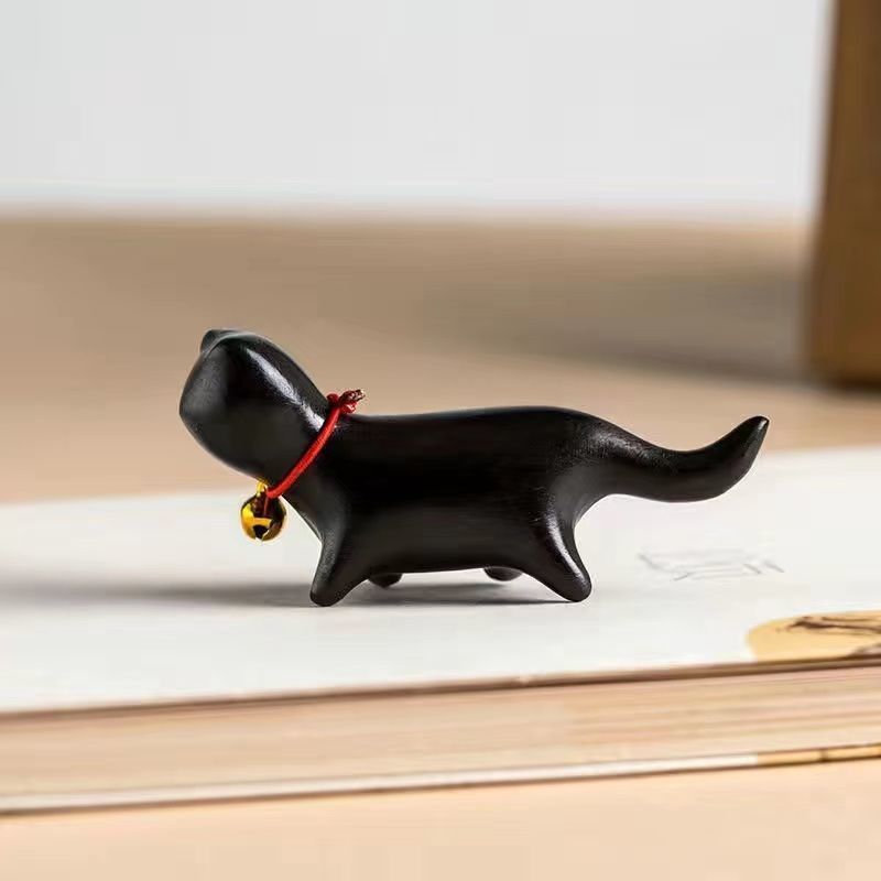 Handcrafted Sandalwood & Ebony Cat Figurines – Minimalist Wooden Animal Ornaments Collection