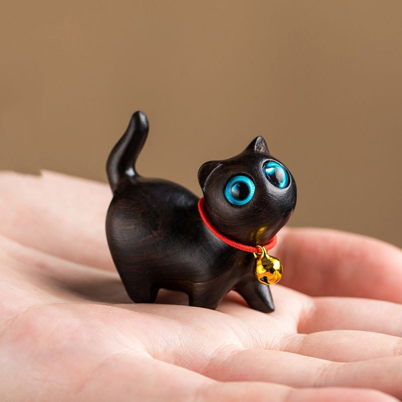 Handcrafted Sandalwood & Ebony Cat Figurines – Minimalist Wooden Animal Ornaments Collection