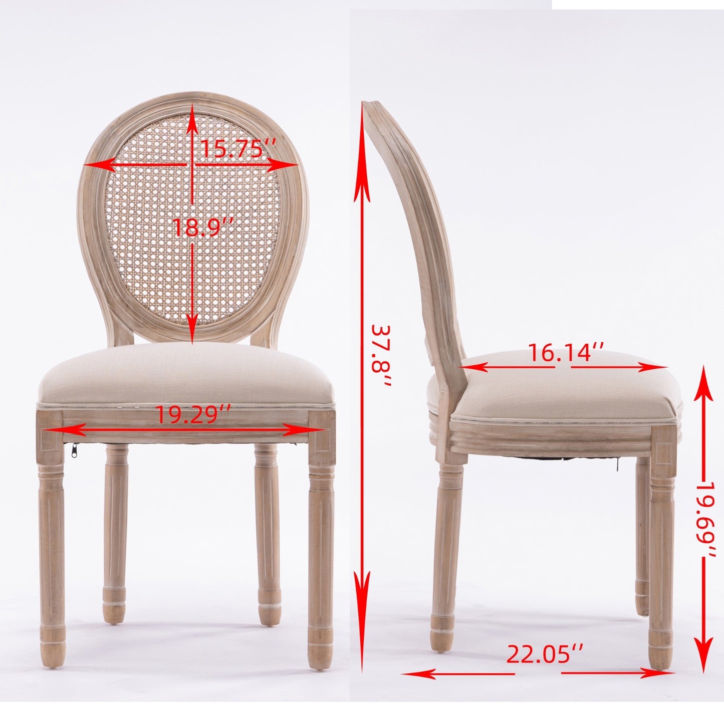 MaisonLuxe French Style Solid Wood Dining Chairs – Set of 2, Cream Linen & Rattan Back
