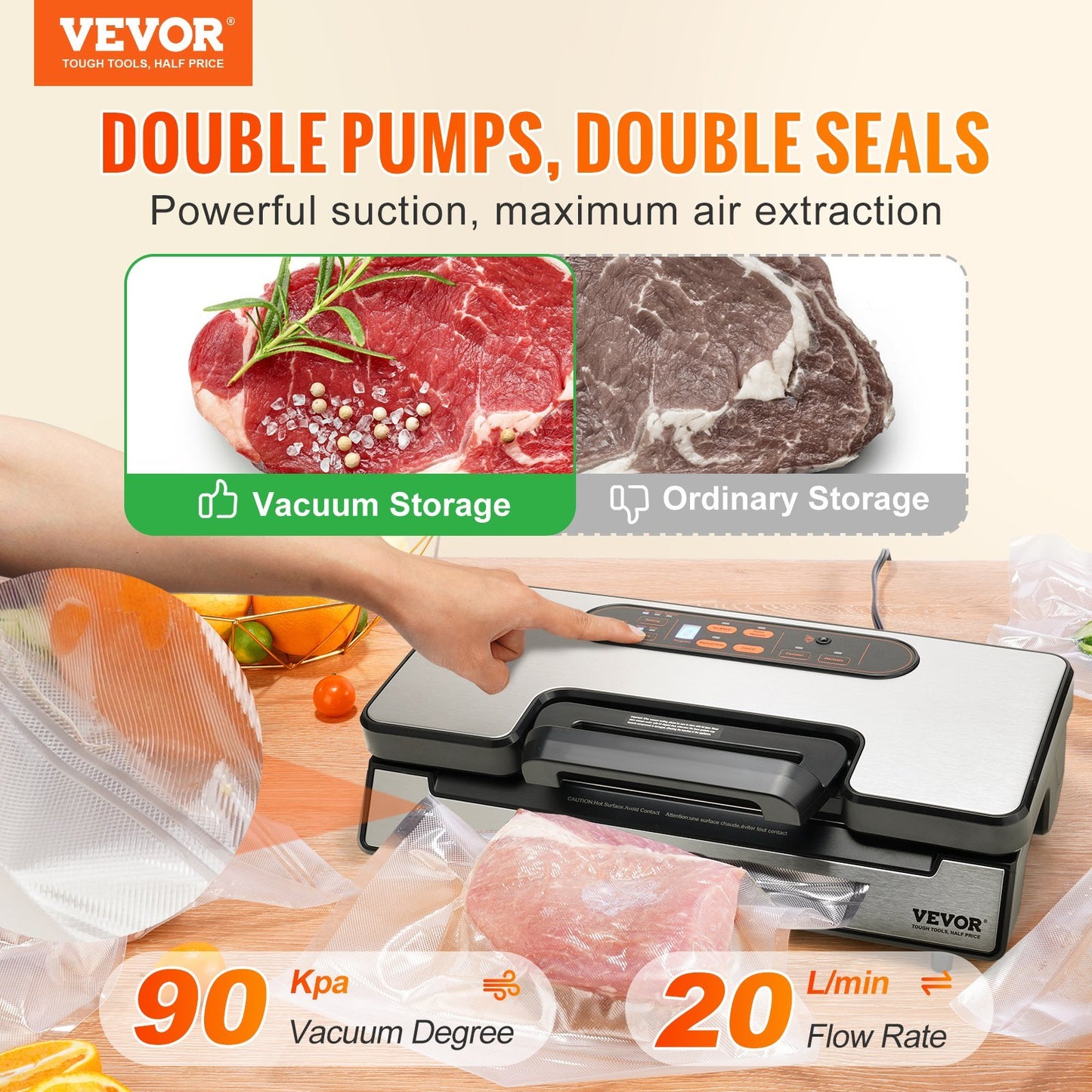 Vevor Vacuum Sealer Machine – Powerful Dual Pump, Dry & Moist Food Storage, Automatic & Manual Air Sealing with Cutter & Bags