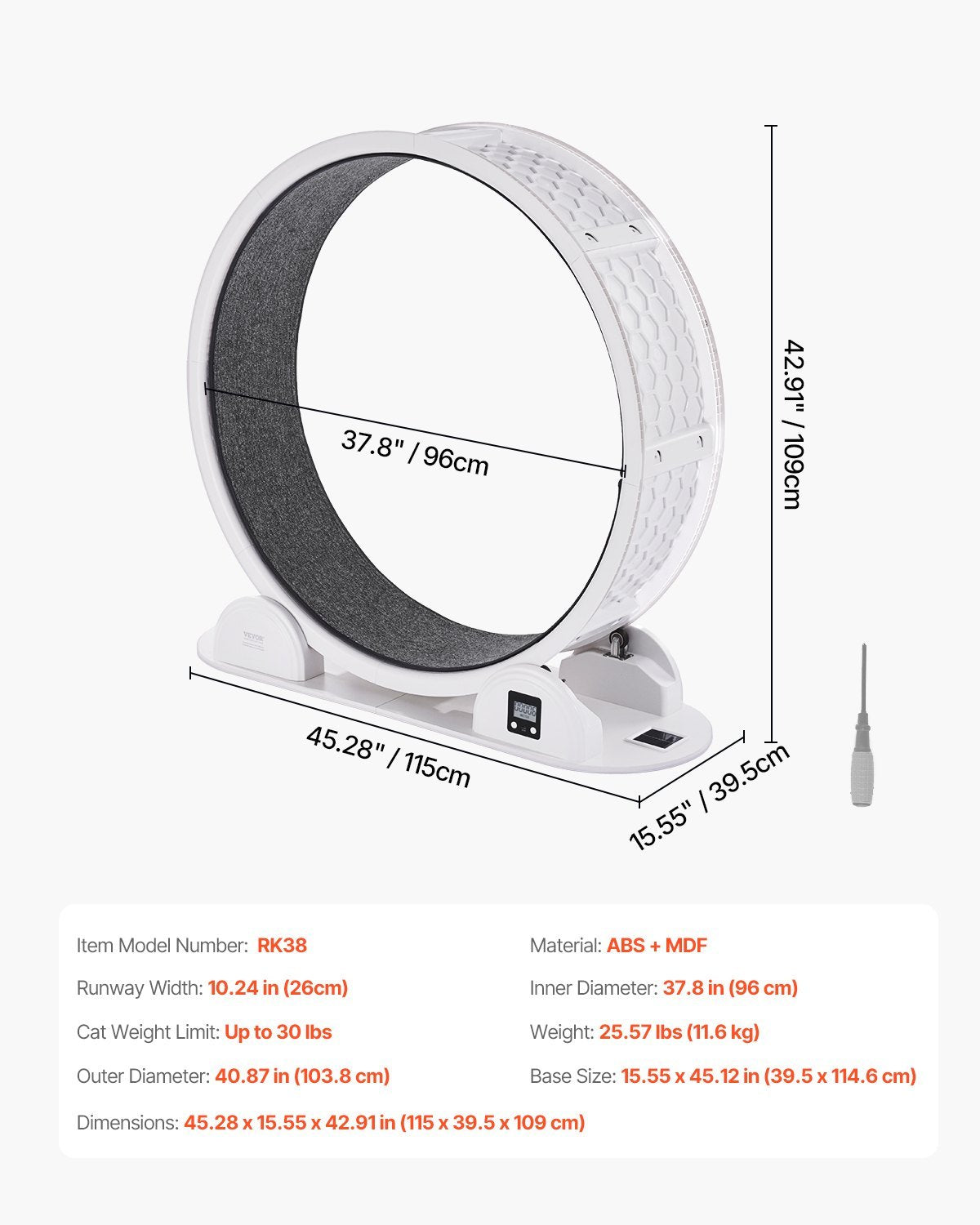 PawBalance VEVOR RK38 Cat Exercise Wheel with Pedometer 40.8 White Solar-Powered Cat Treadmill for Pet Health & Fitness