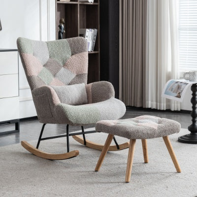 PatchRock N605 Solid Wood Fabric Rocking Chair with Ottoman and Pillow - Tavira Store | A Luxario Labs Ltd Brand.