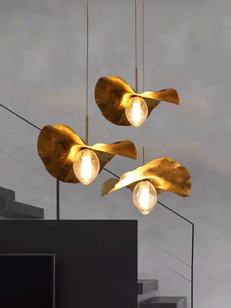 Pure Copper Lotus Leaf Chandelier – Hand-Forged Modern Minimalist Pendant Light for Living Room, Dining Room & Study.