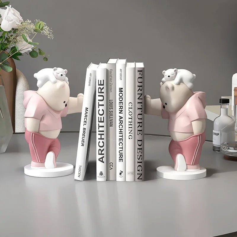 Bear Healing Bookend Ornaments – Resin Table Decorations, Nordic Minimalist Desk Sculpture, Cute Kids & Home Office Display.