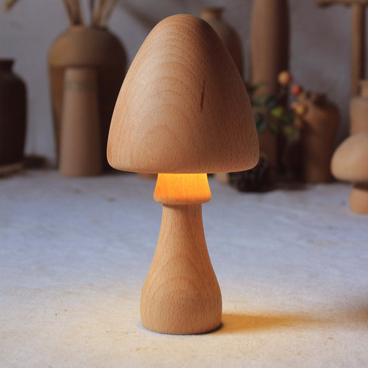 MushGlow Solid Wood Mushroom-Shaped Rechargeable Night Light – Push Control Wooden LED Lamp.