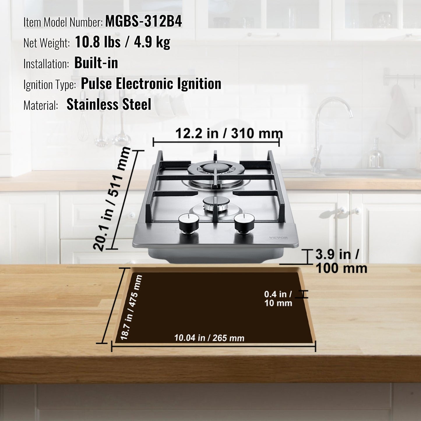 Vevor Dual Fuel Gas Hob – 2 Burners, Thermocouple Protection, High-Power 12250BTU