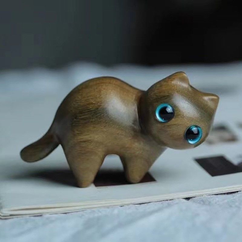 Handcrafted Sandalwood & Ebony Cat Figurines – Minimalist Wooden Animal Ornaments Collection