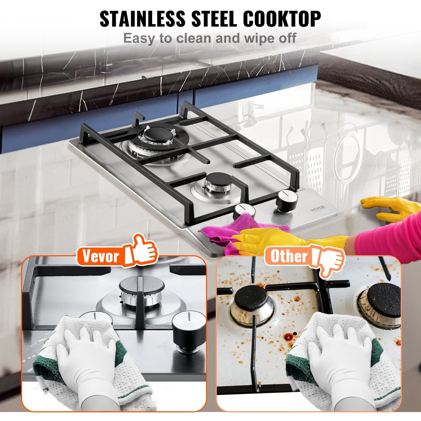 Vevor Dual Fuel Gas Hob – 2 Burners, Thermocouple Protection, High-Power 12250BTU
