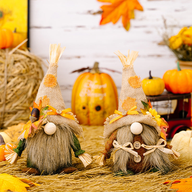 Charming Thanksgiving Linen Ornaments – Festive Straw Hat Dwarfs for Men & Women, Elegant American-European Pastoral Holiday Decor