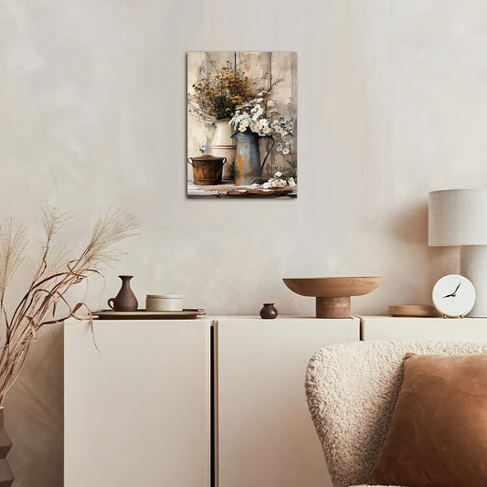 ArtiWood Framed Wooden Canvas Art – White Jasmine Flowers & Rustic Watering Can, Living Room or Bedroom Decor