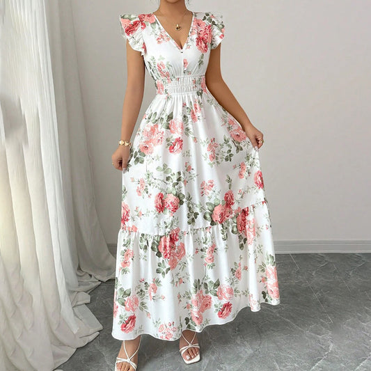 SunnyElegance Women’s Summer Maxi Dress – V Neck, Short Flutter Sleeve, Flowy A-Line Beach Vacation Long Dress