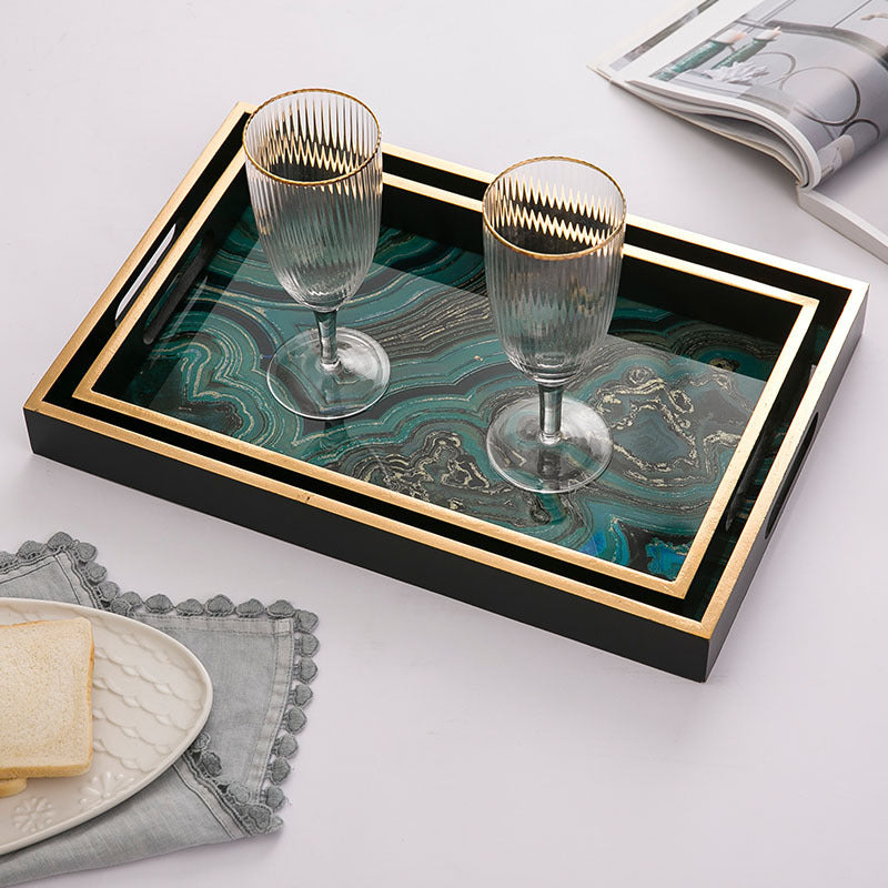 LuxeCraft Agate Stone Pattern Glass Tray – Handmade Decorative Wood & Glass Tray