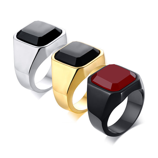 Meiwei Stainless Steel Black Agate Ring – Unisex Geometric Korean Style - Tavira Store | A Luxario Labs Ltd Brand. 