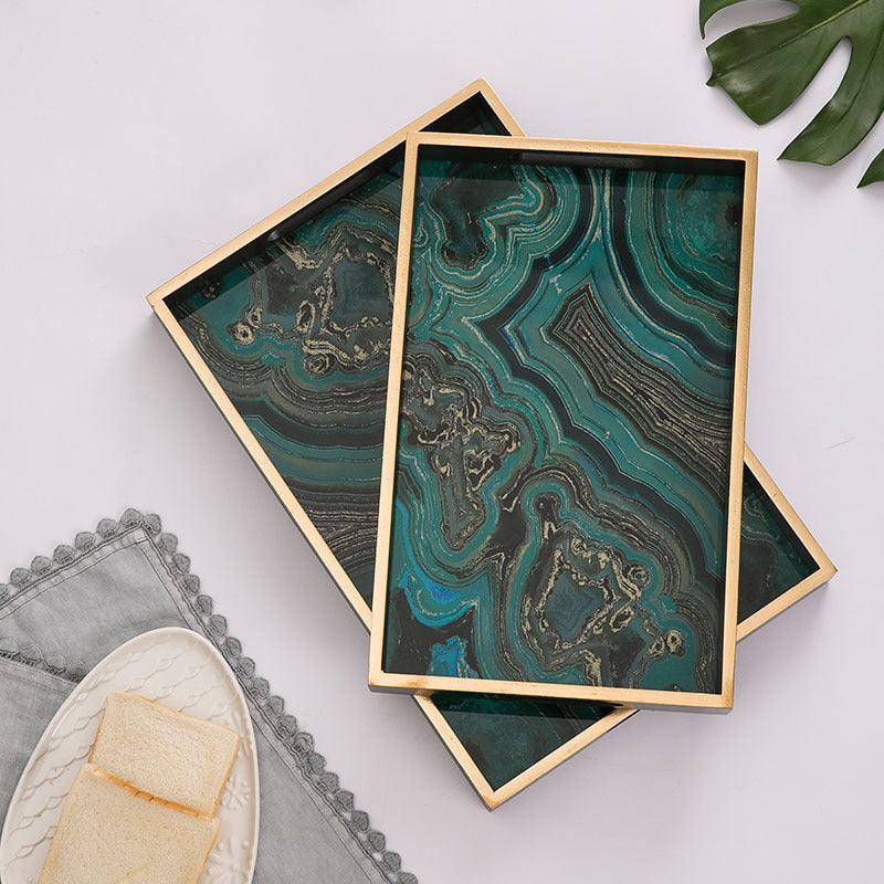 LuxeCraft Agate Stone Pattern Glass Tray – Handmade Decorative Wood & Glass Tray