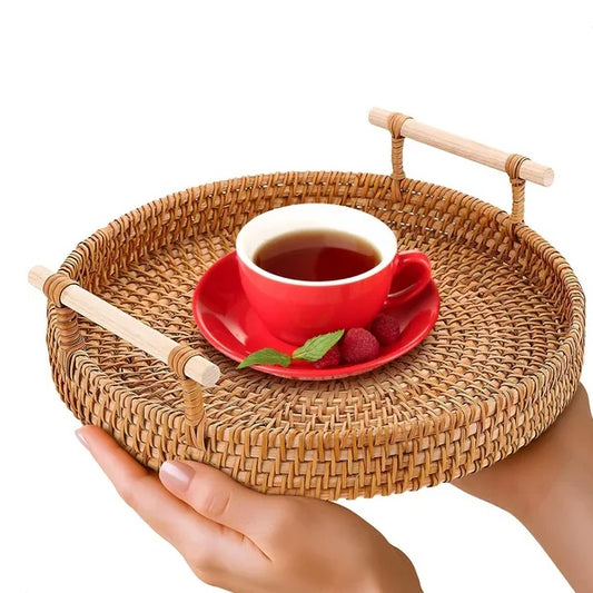 Burius Rattan Tray 8.7 Inch – Round Woven Serving Basket with Handles for Bread, Fruit, Coffee Table & Home Decor