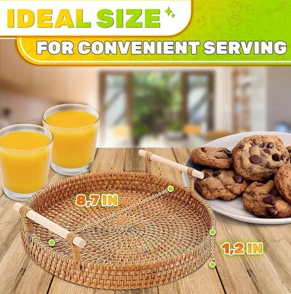 Burius Rattan Tray 8.7 Inch – Round Woven Serving Basket with Handles for Bread, Fruit, Coffee Table & Home Decor