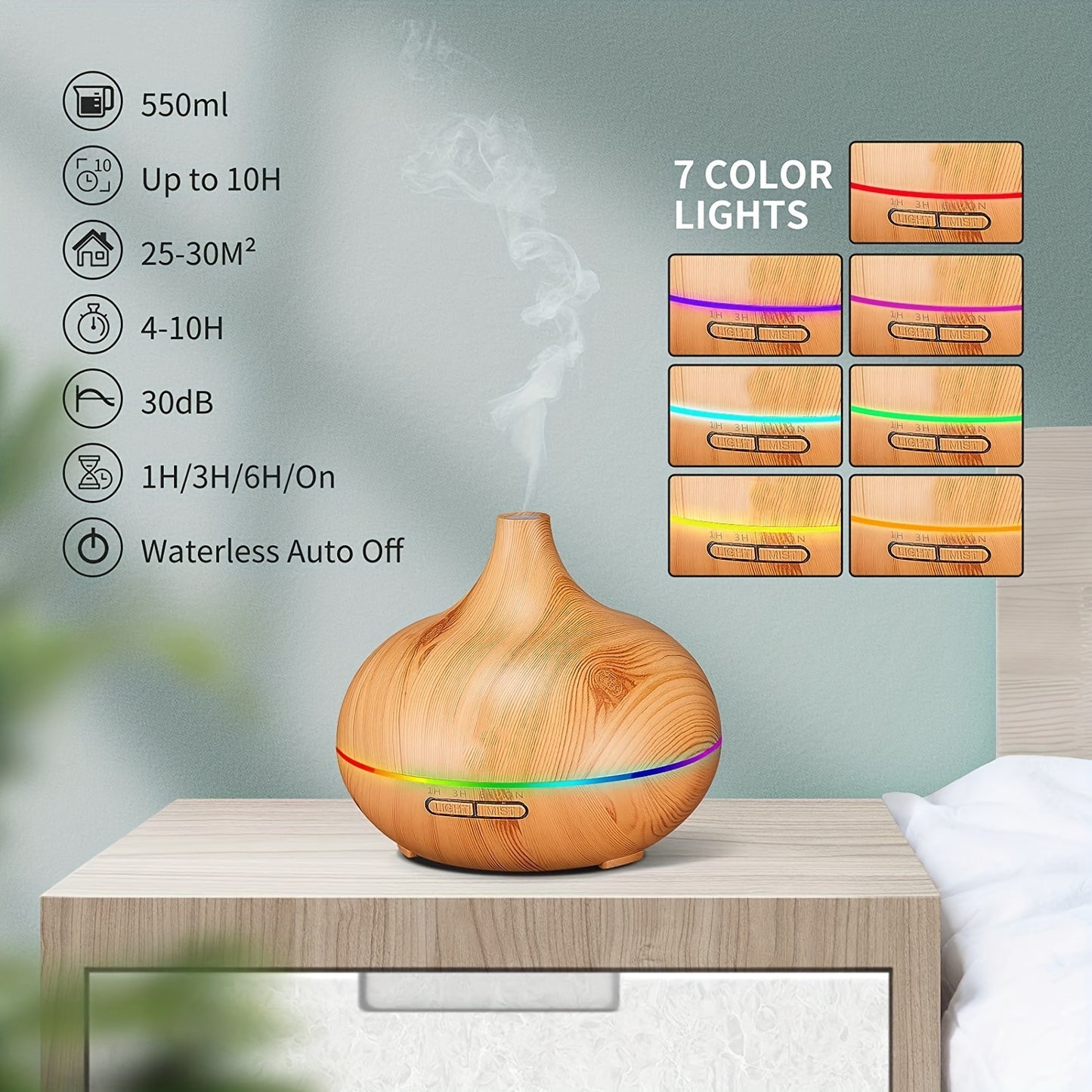 Elegant Ultrasonic Aromatherapy Diffuser – 550ml Oil Diffuser with 6 Pure Essential Oils & Auto Shut-Off for Home & Office