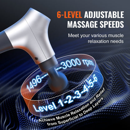 VEVOR 3000 RPM Massage Gun – Deep Tissue Percussion Muscle Massager with 6 Speeds, 4 Heads & Rechargeable Battery 3000 RPM