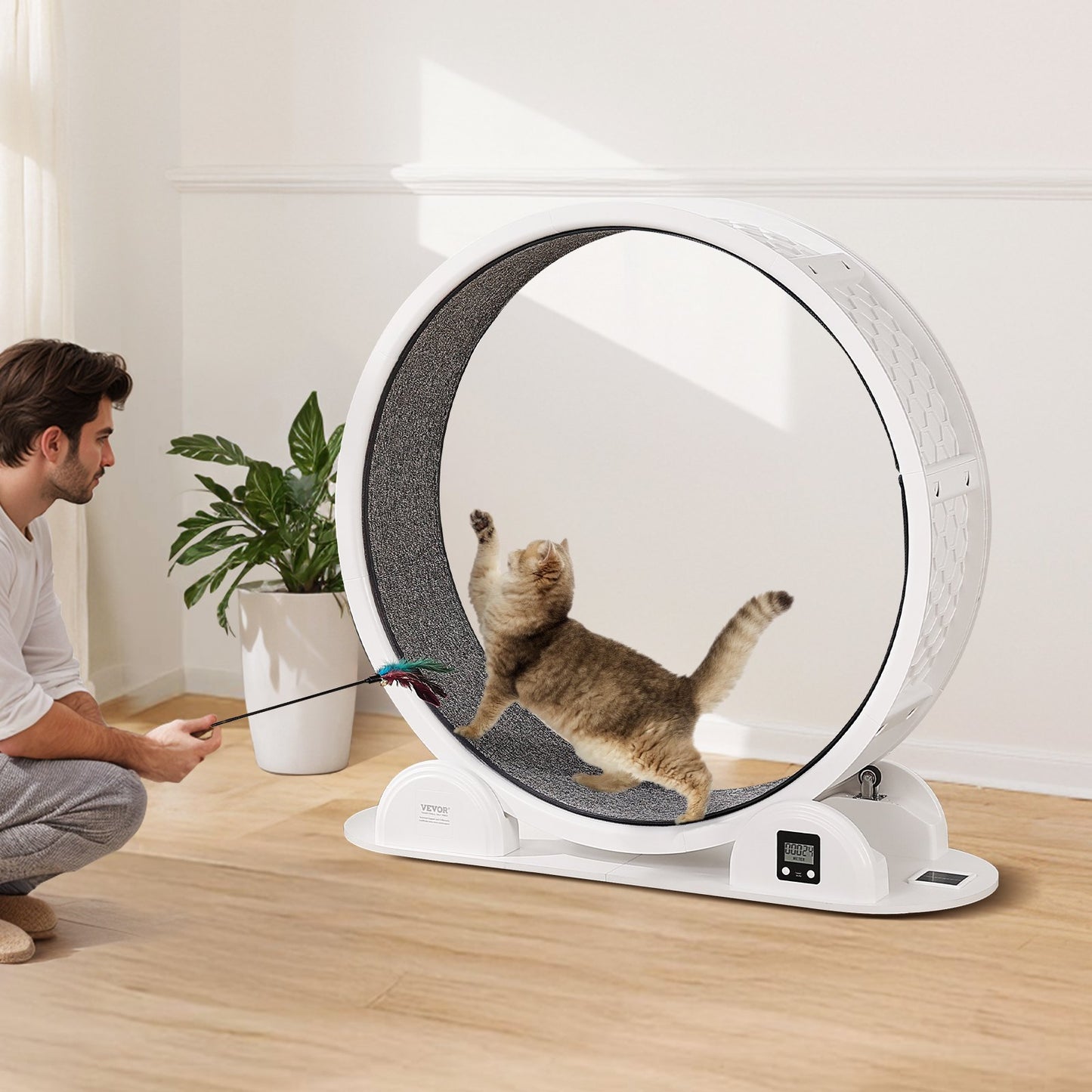 PawBalance VEVOR RK38 Cat Exercise Wheel with Pedometer 40.8 White Solar-Powered Cat Treadmill for Pet Health & Fitness