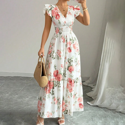 SunnyElegance Women’s Summer Maxi Dress – V Neck, Short Flutter Sleeve, Flowy A-Line Beach Vacation Long Dress