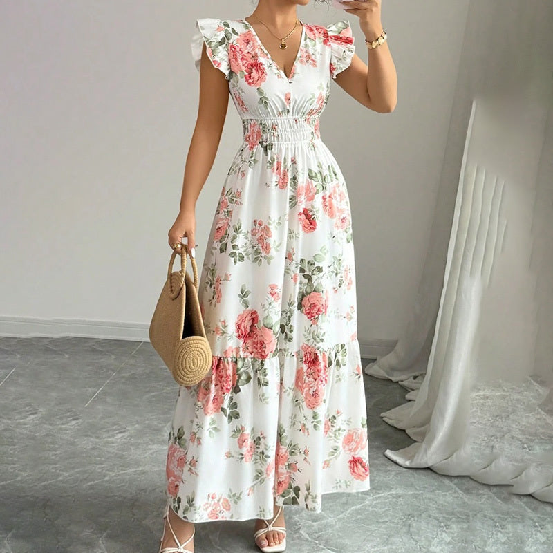 SunnyElegance Women’s Summer Maxi Dress – V Neck, Short Flutter Sleeve, Flowy A-Line Beach Vacation Long Dress