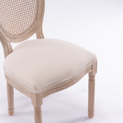 MaisonLuxe French Style Solid Wood Dining Chairs – Set of 2, Cream Linen & Rattan Back