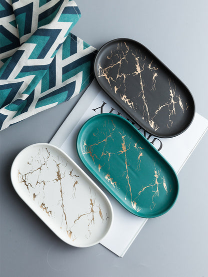 Gold Leaf Patterned Oval Marble Tray