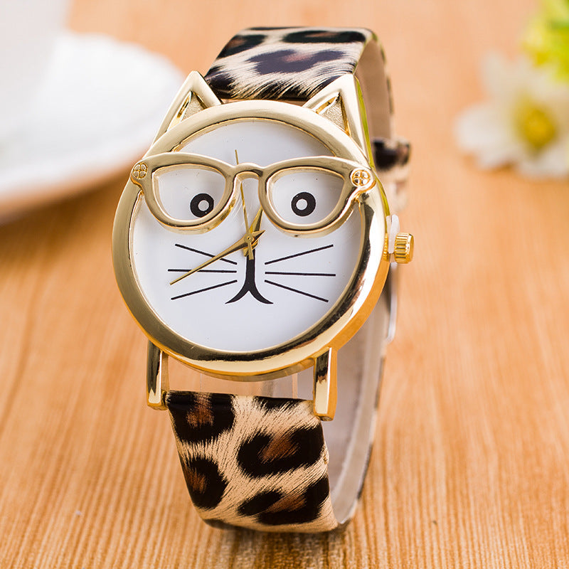 Quartz Core  Gold Cat Face Watch – Cute Glasses Design Wristwatch