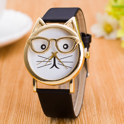 Quartz Core  Gold Cat Face Watch – Cute Glasses Design Wristwatch