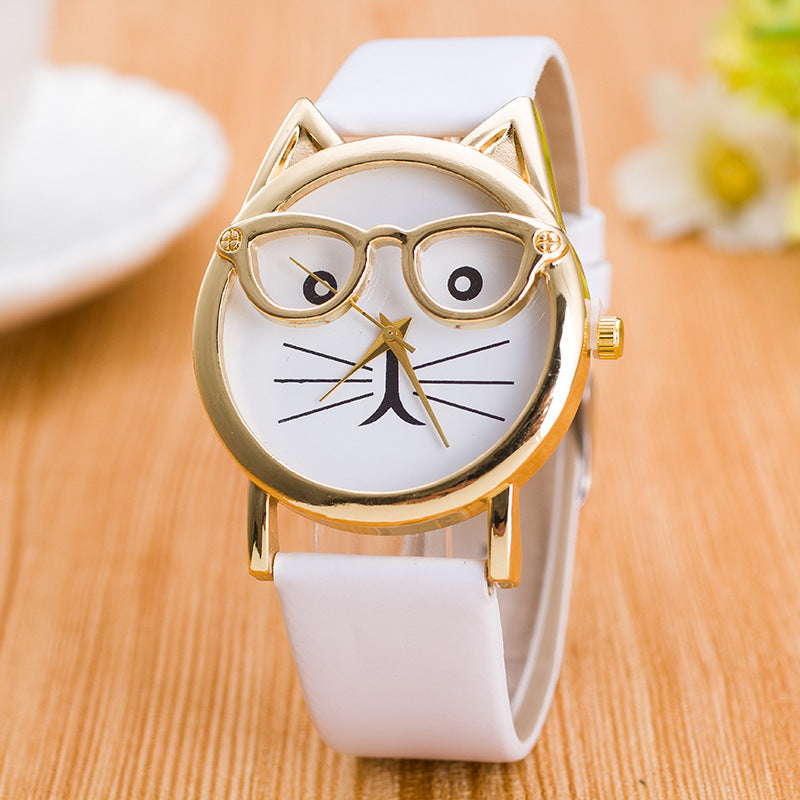 Quartz Core  Gold Cat Face Watch – Cute Glasses Design Wristwatch
