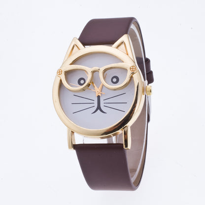 Quartz Core  Gold Cat Face Watch – Cute Glasses Design Wristwatch