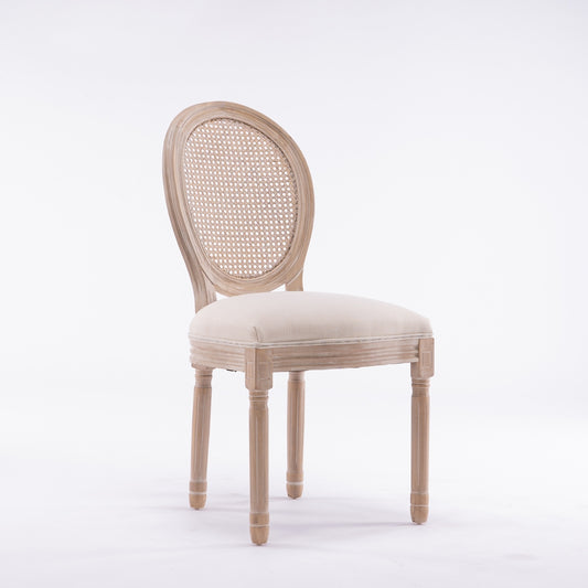 MaisonLuxe French Style Solid Wood Dining Chairs – Set of 2, Cream Linen & Rattan Back