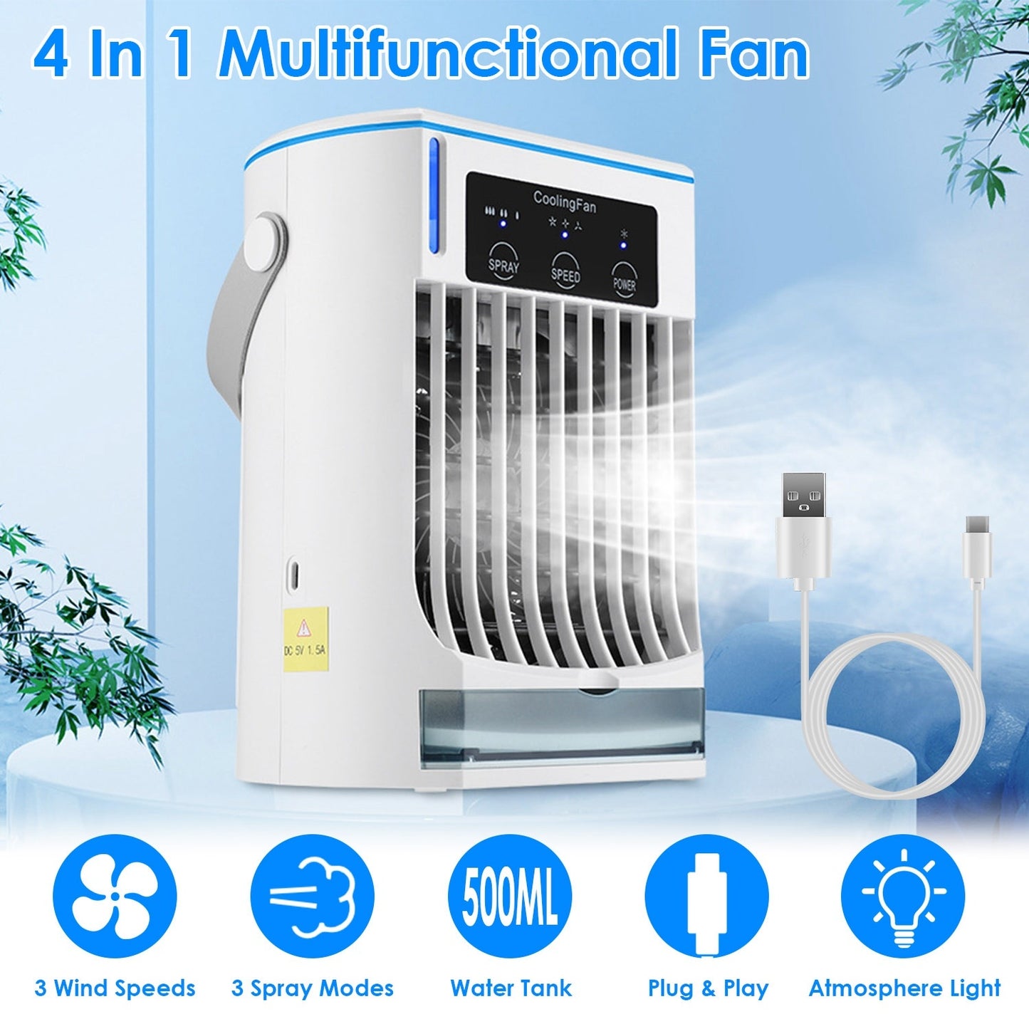CoolMist Portable Air Conditioner Fan – 3 Speed Personal Humidifier with 500ml Water Tank & Night Light