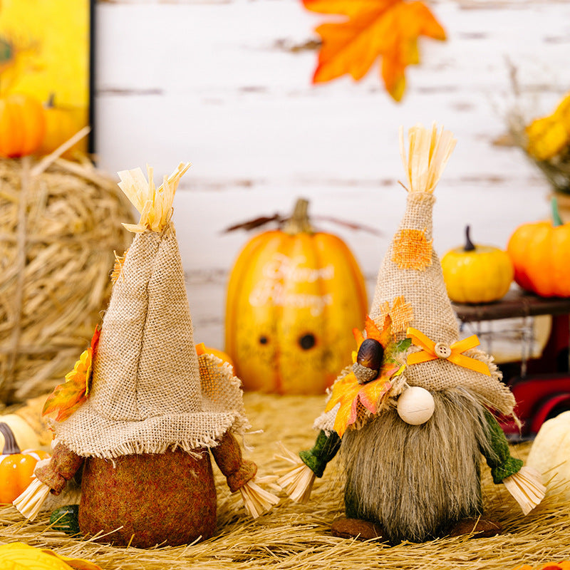 Charming Thanksgiving Linen Ornaments – Festive Straw Hat Dwarfs for Men & Women, Elegant American-European Pastoral Holiday Decor