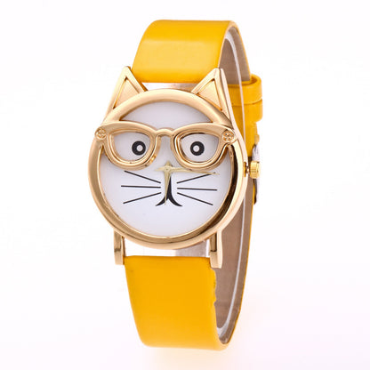 Quartz Core  Gold Cat Face Watch – Cute Glasses Design Wristwatch