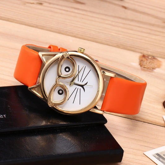 Quartz Core  Gold Cat Face Watch – Cute Glasses Design Wristwatch
