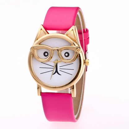 Quartz Core  Gold Cat Face Watch – Cute Glasses Design Wristwatch