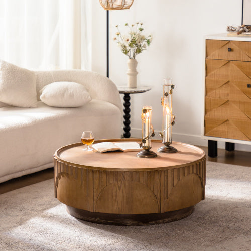 Handcrafted Relief  Wood  Round  Solid Table