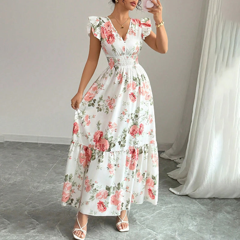 SunnyElegance Women’s Summer Maxi Dress – V Neck, Short Flutter Sleeve, Flowy A-Line Beach Vacation Long Dress